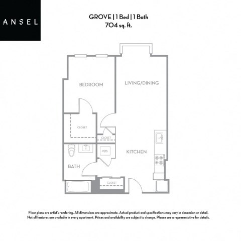 Floor plan for 1 bed, 1 bath, 704 sqft